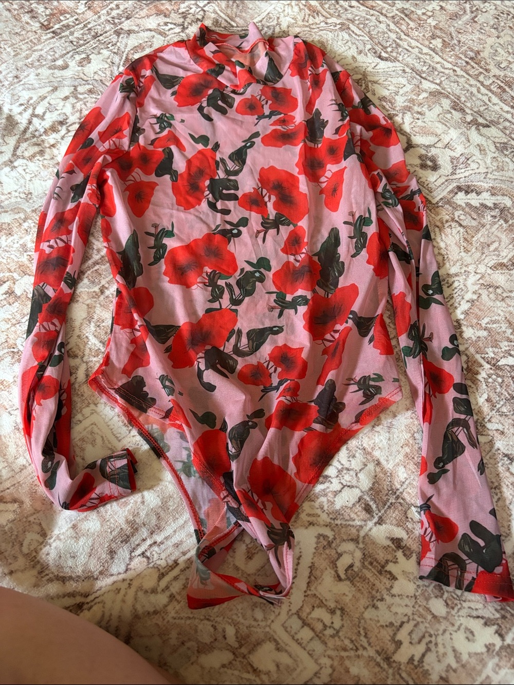 Sheer Pink Floral Long-Sleeve Bodysuit with Red Poppy Print